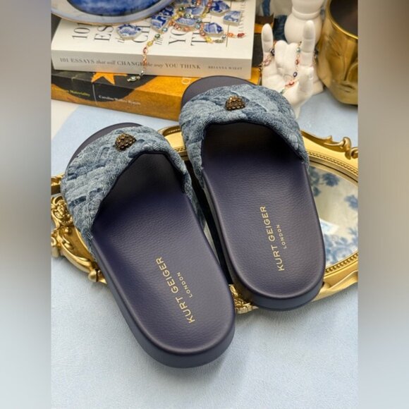 🆕 KURT GEIGER LONDON 🧿 NWOB Blue Denim Meena Eagle Slides, Sz EU 41 US10 - Picture 8 of 12